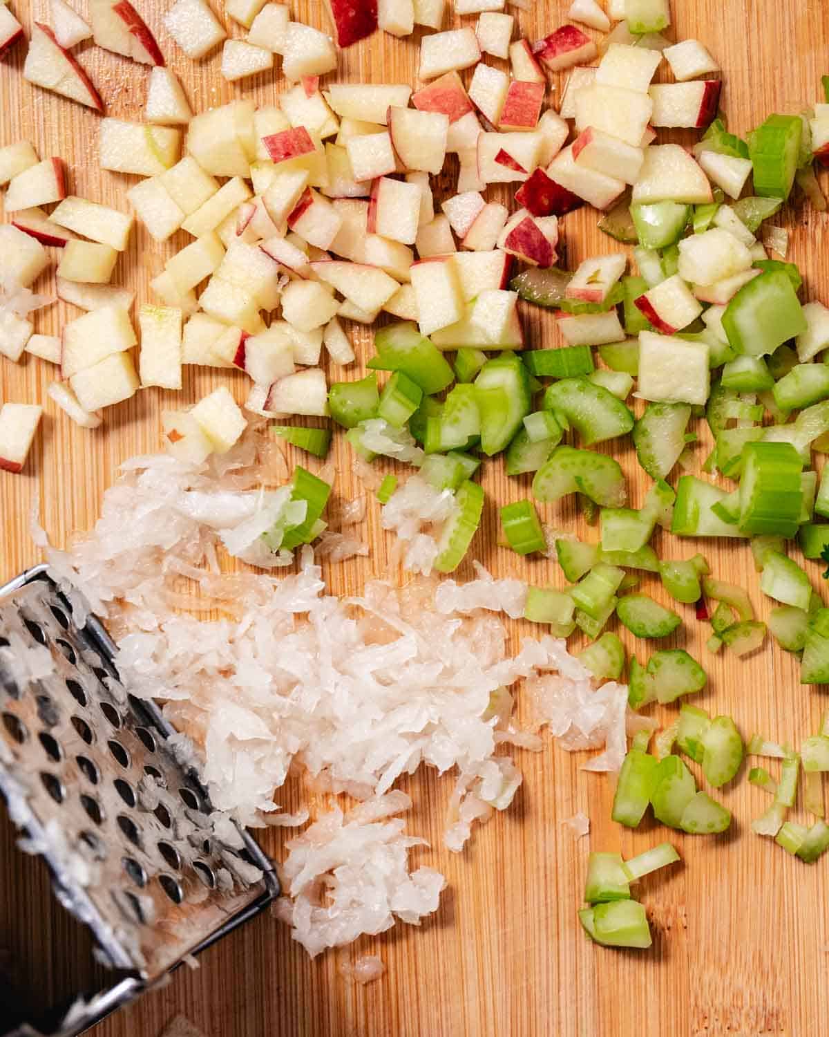 diced apple, grated onions and chopped celery