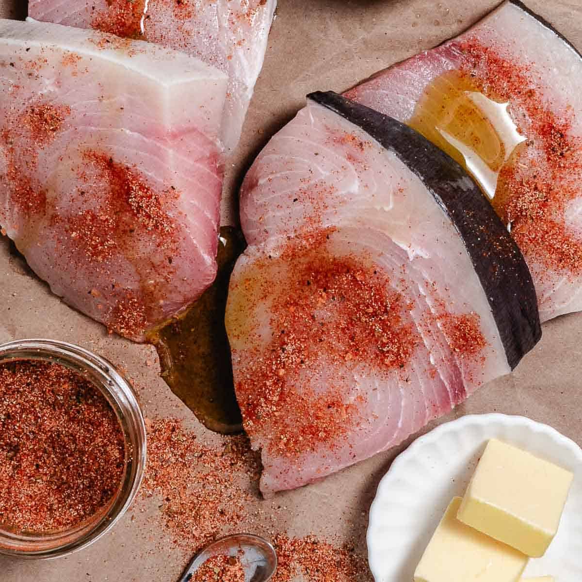 swordfish, butter, oil, and seasoning