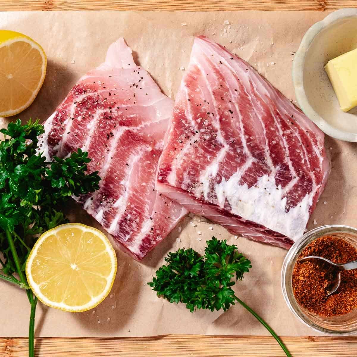 blackened tripletail, seasonings, butter, lemon, parsley