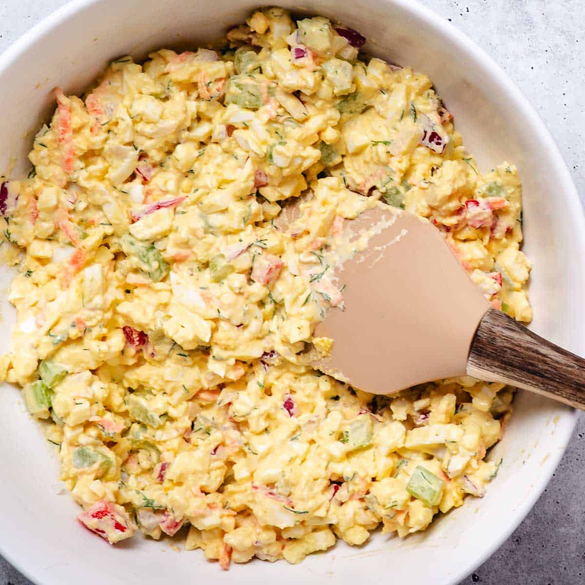 Bowl of vegetable egg salad.