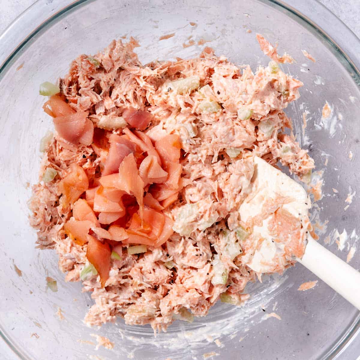 Chopped smoked salmon added to baked salmon salad for extra deli flavor.