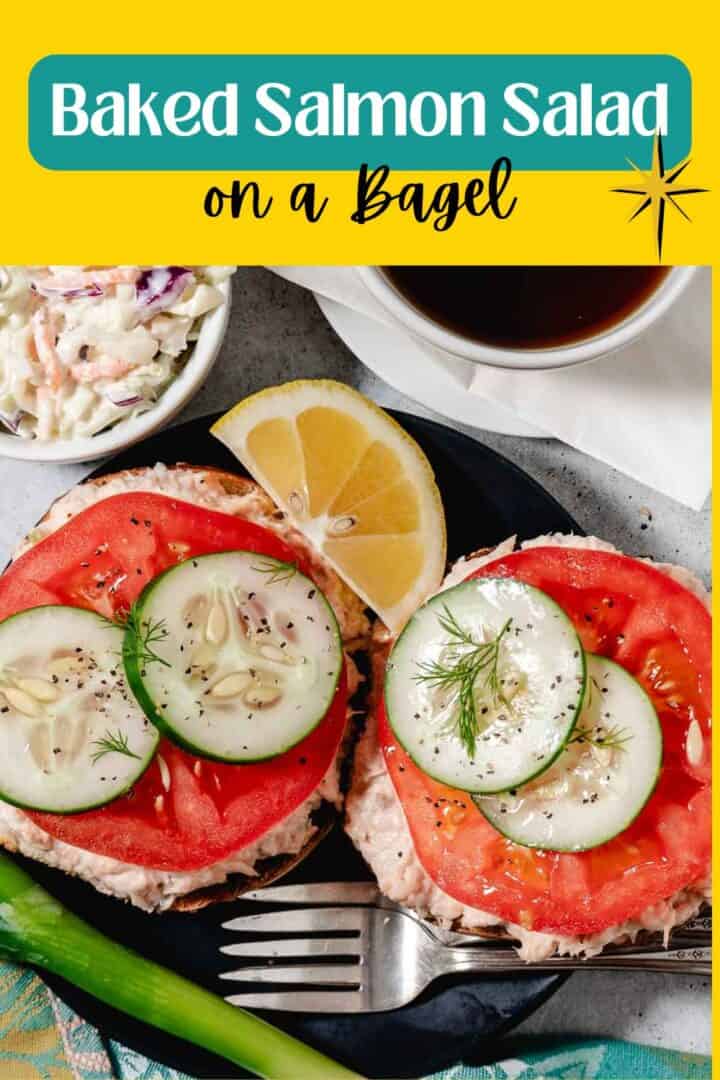 baked salmon salad with tomatoes on a bagel