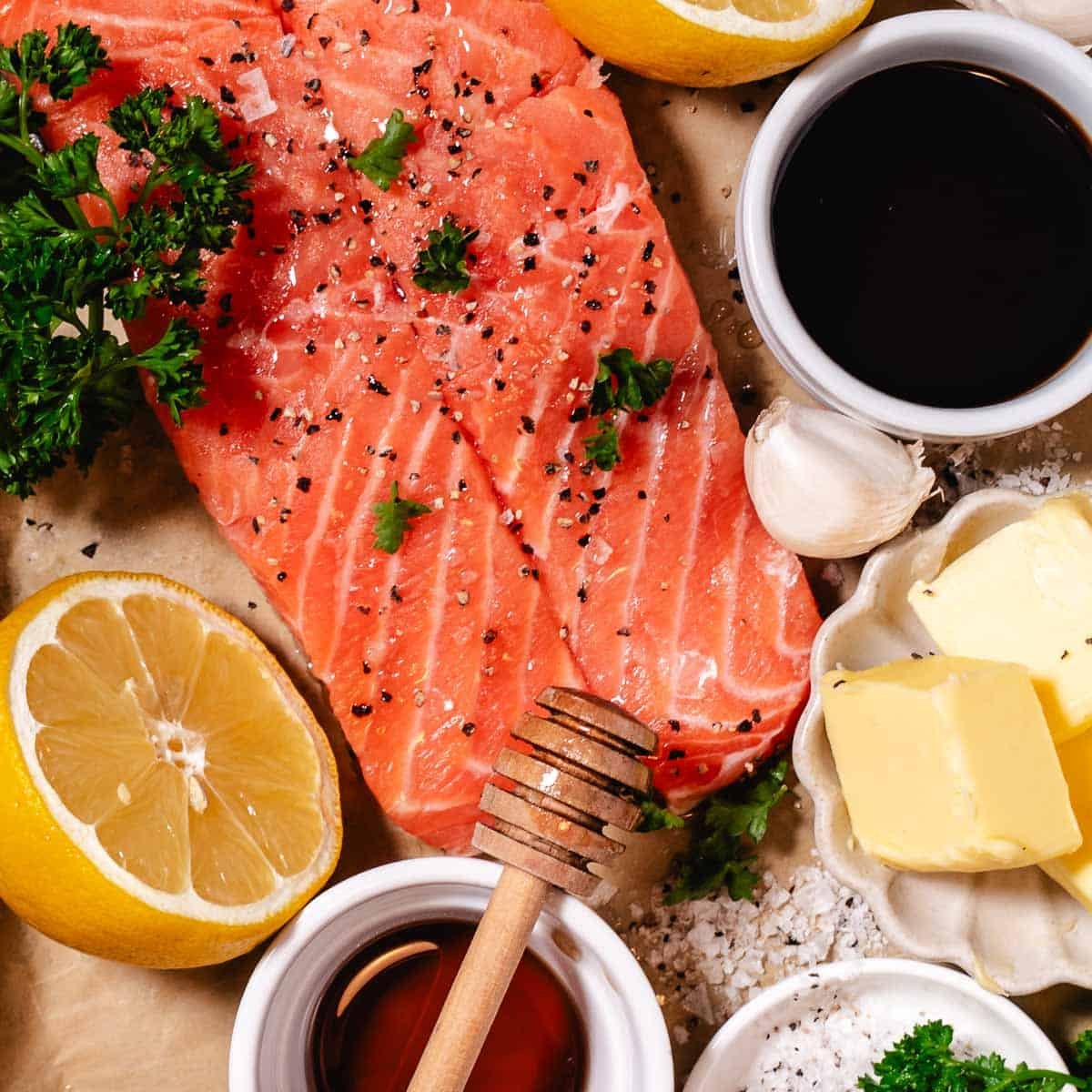 salmon with coconut aminos, butter, lemon, honey
