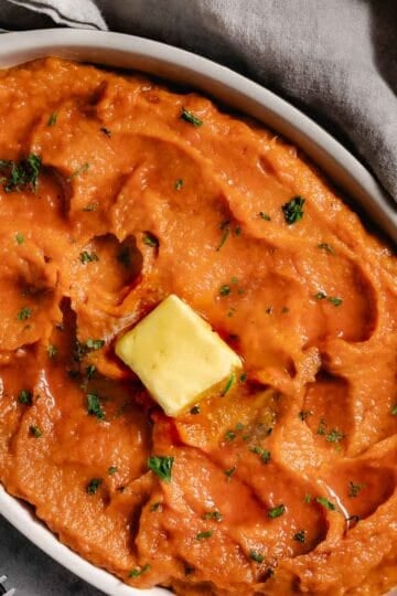 bowl of pumpkin pie spice whipped sweet potatoes