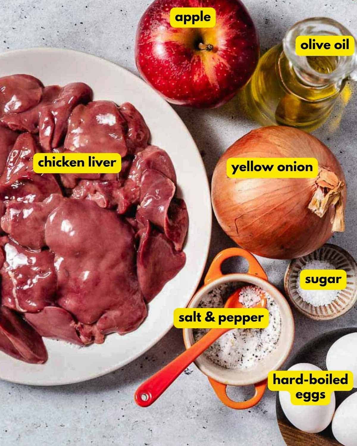 chicken livers, apple, oil, onion, eggs, and salt and pepper