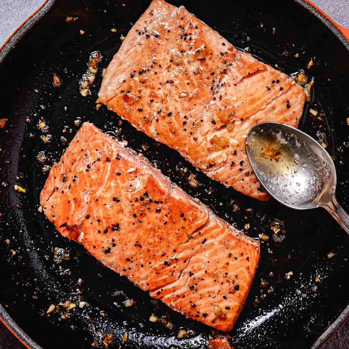 Pan seared coho salmon fillets basted with garlic butter in a skillet.