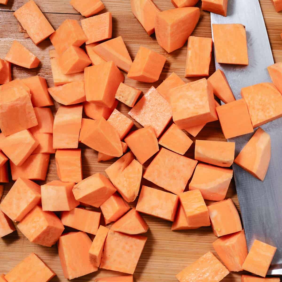 Peeled and cubes sweet potatoes
