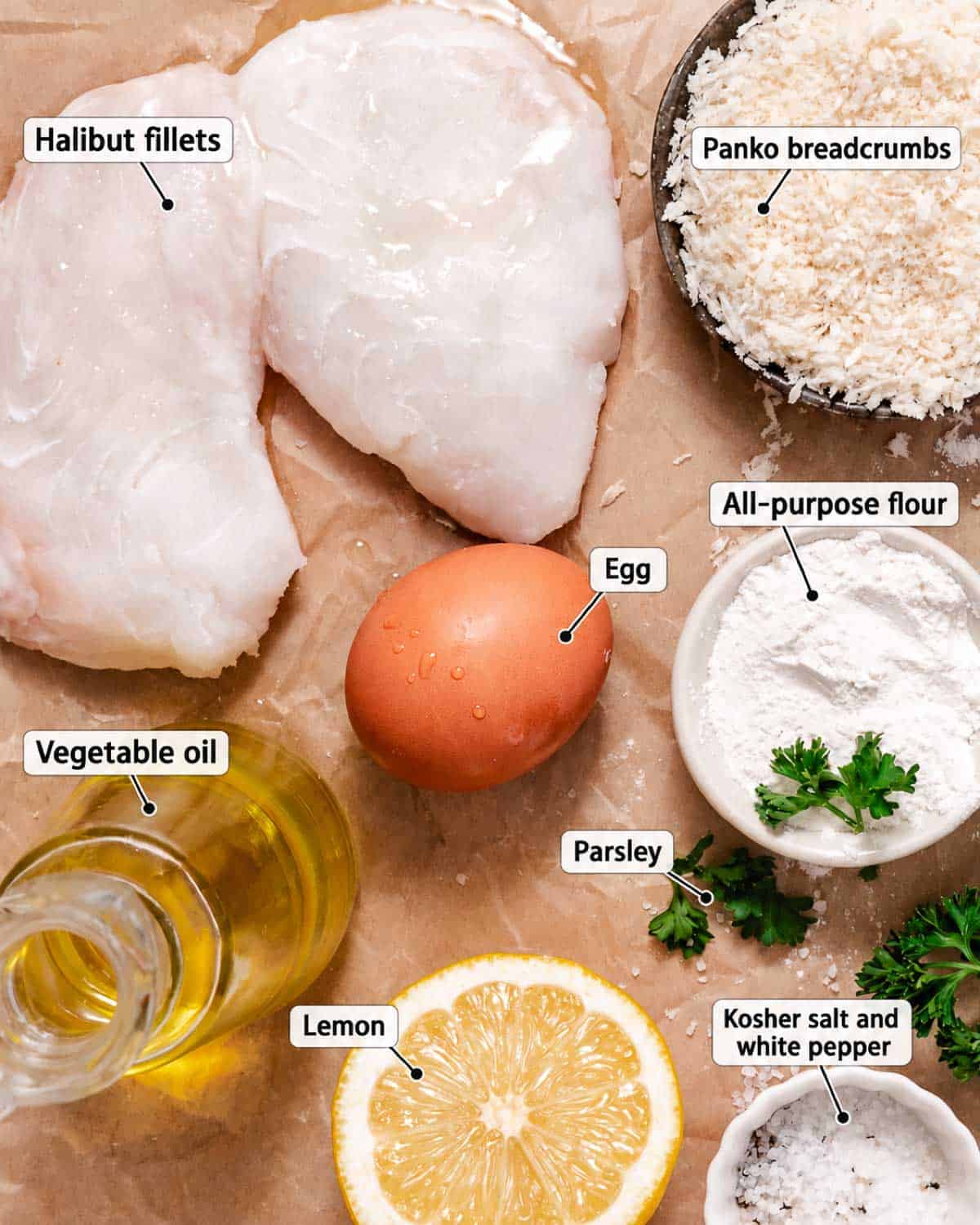 Labeled ingredients for fried halibut including halibut, panko bread crumbs, oil, egg, lemon, flour, salt and pepper, and parsley.