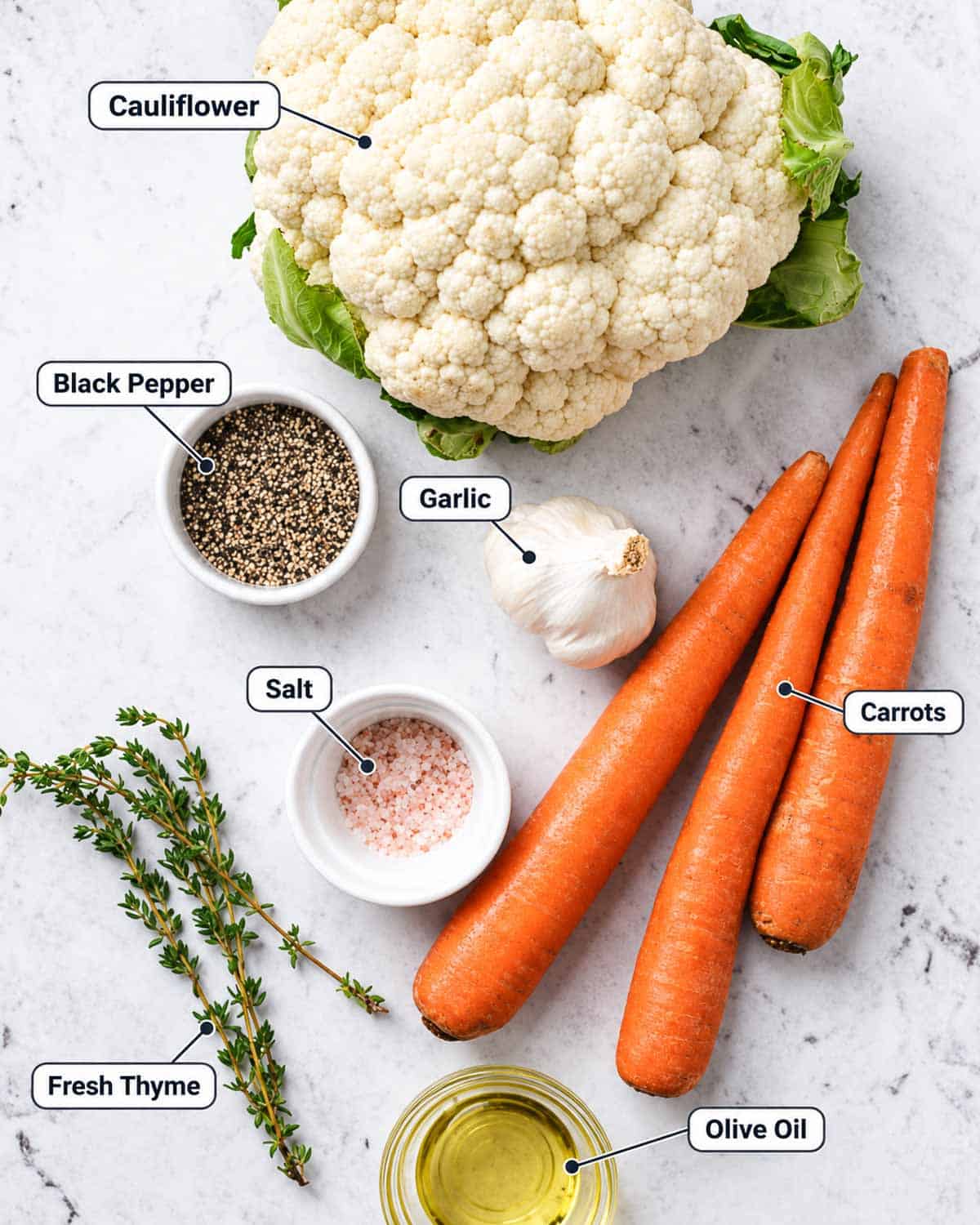 ingredients for cauliflower and carrots: cauliflower, carrots, salt, pepper, thyme, garlic, oil