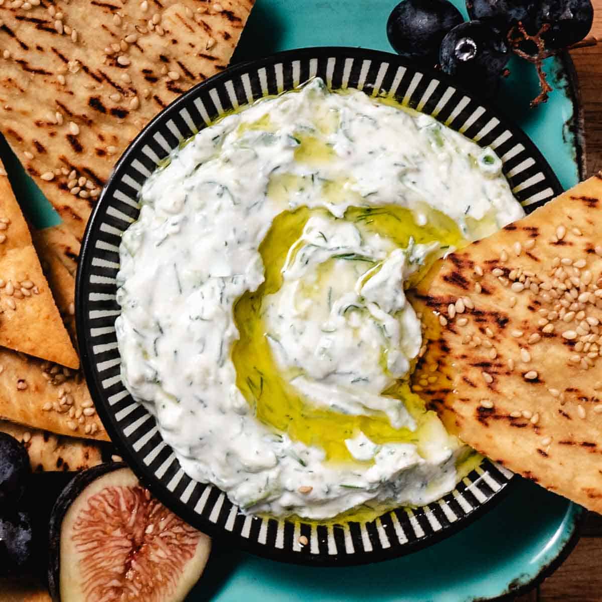 homemade tzatziki dip with pita crackers
