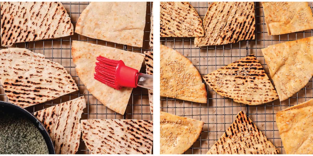 brush pita chips with melted butter mixture, scatter on a shee tpan so they are not touching