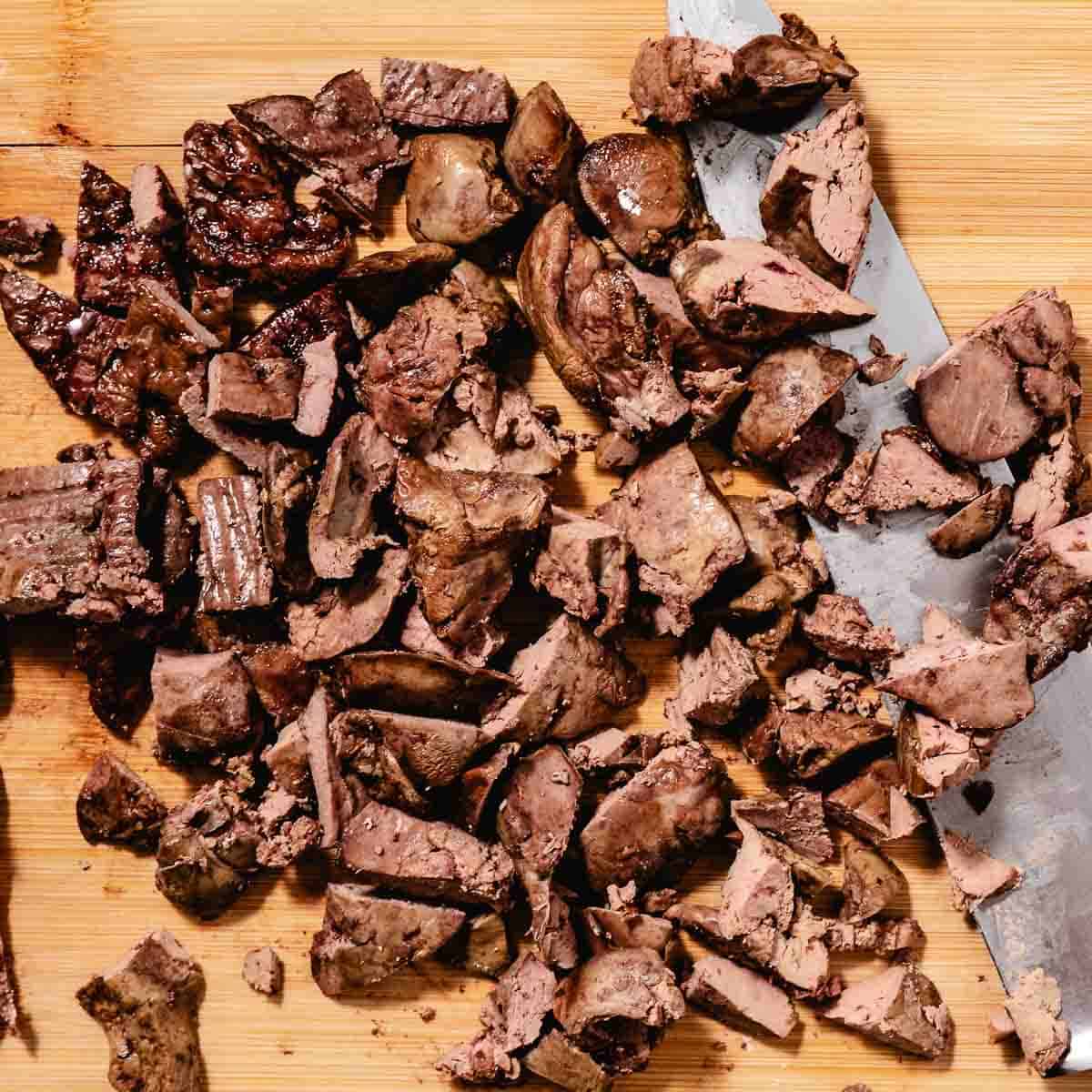chopping beef and chicken livers