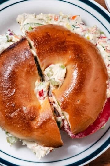 bagel with veggie cream cheese and tomato