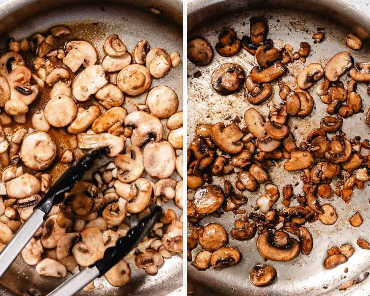 slowly cooking mushrooms in a skillet over low heat.