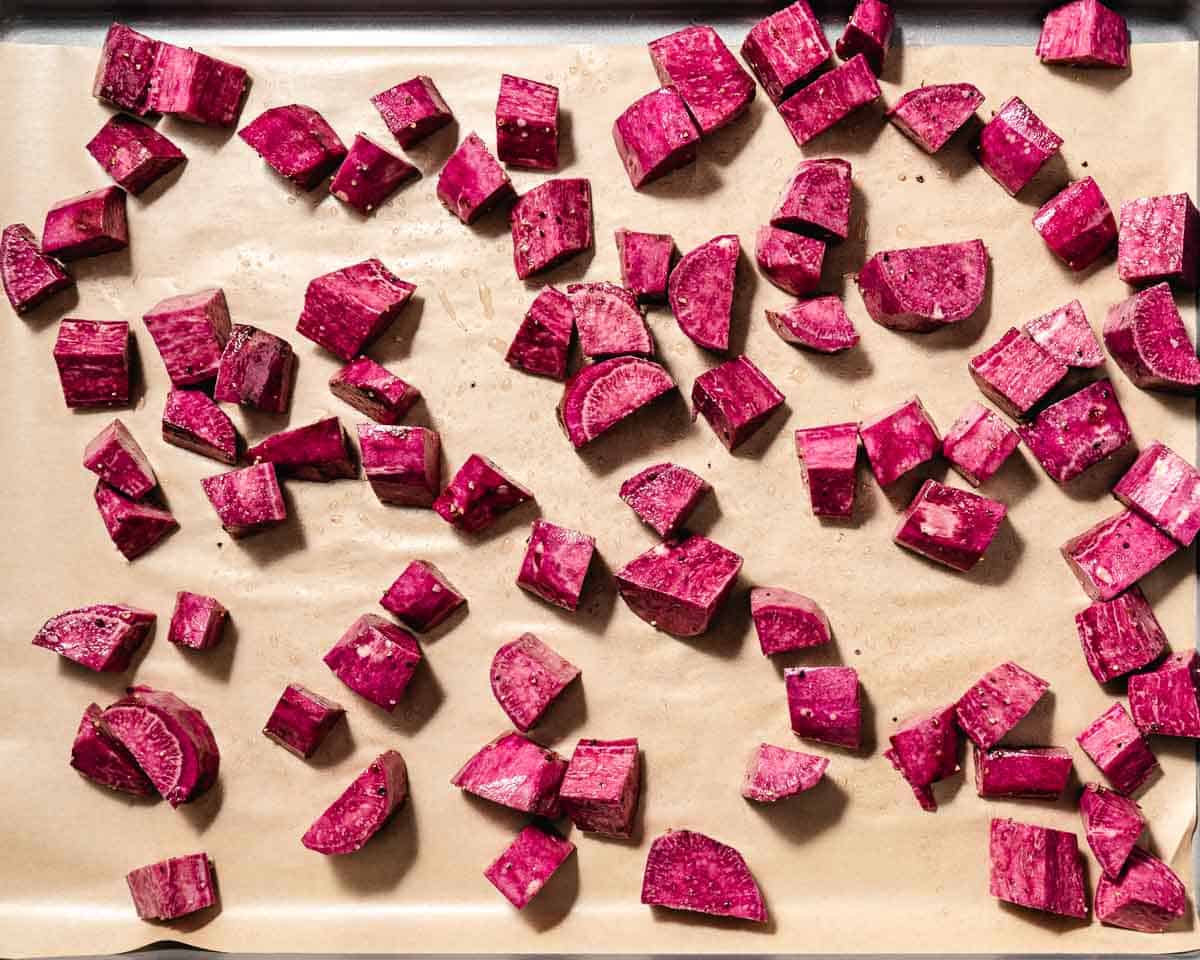 roasted purple sweet potatoes before baking