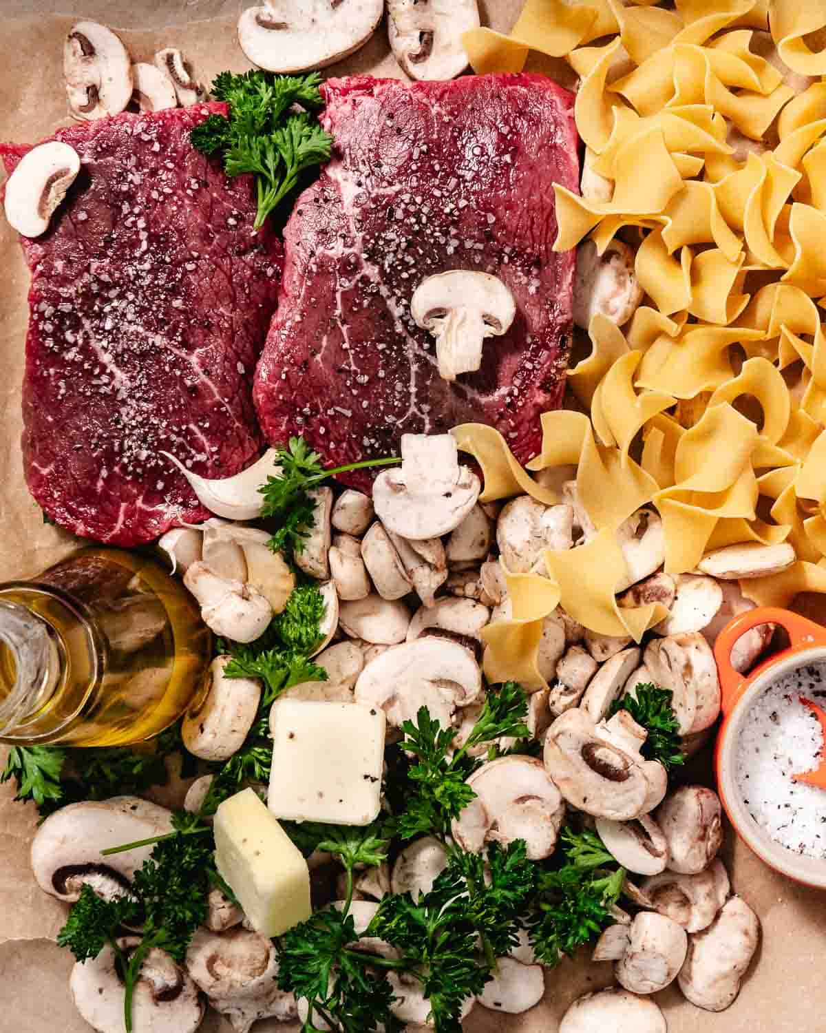 sirloin steak, egg noodles,nushrooms, butter, parsley, garlic, extra virgin olive oil, salt, and pepper