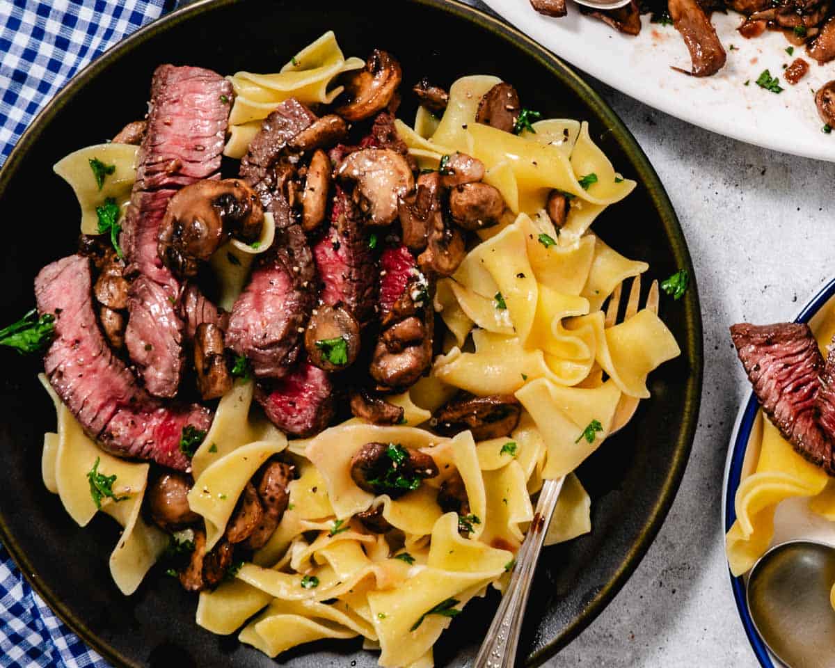 steak and mushrooms on a platter.
