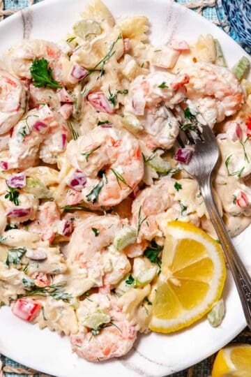 overhead view of shrimp salad with pasta ready for servng