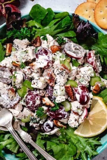 Top view of Sonoma chicken salad with grapes, celery, pecans, and herbs in a turquoise bowl with lemon wedges and crackers on the side.