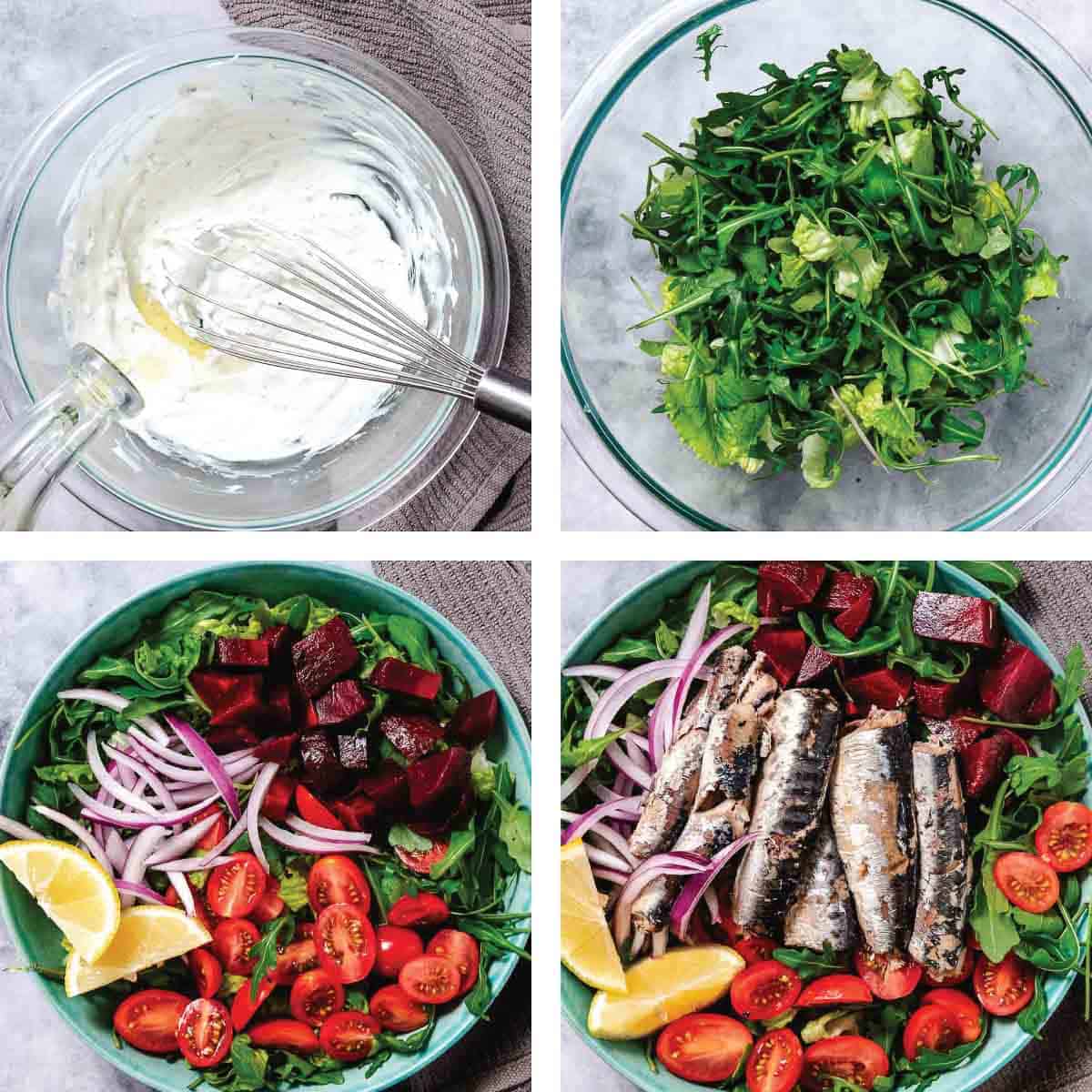 Step by step directions for making sardines over greens with dressing