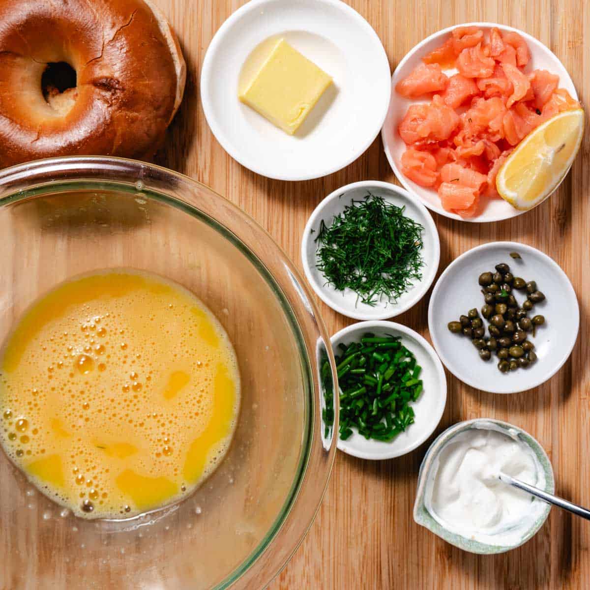 Ingredients for omelet lined up before starting to cook.