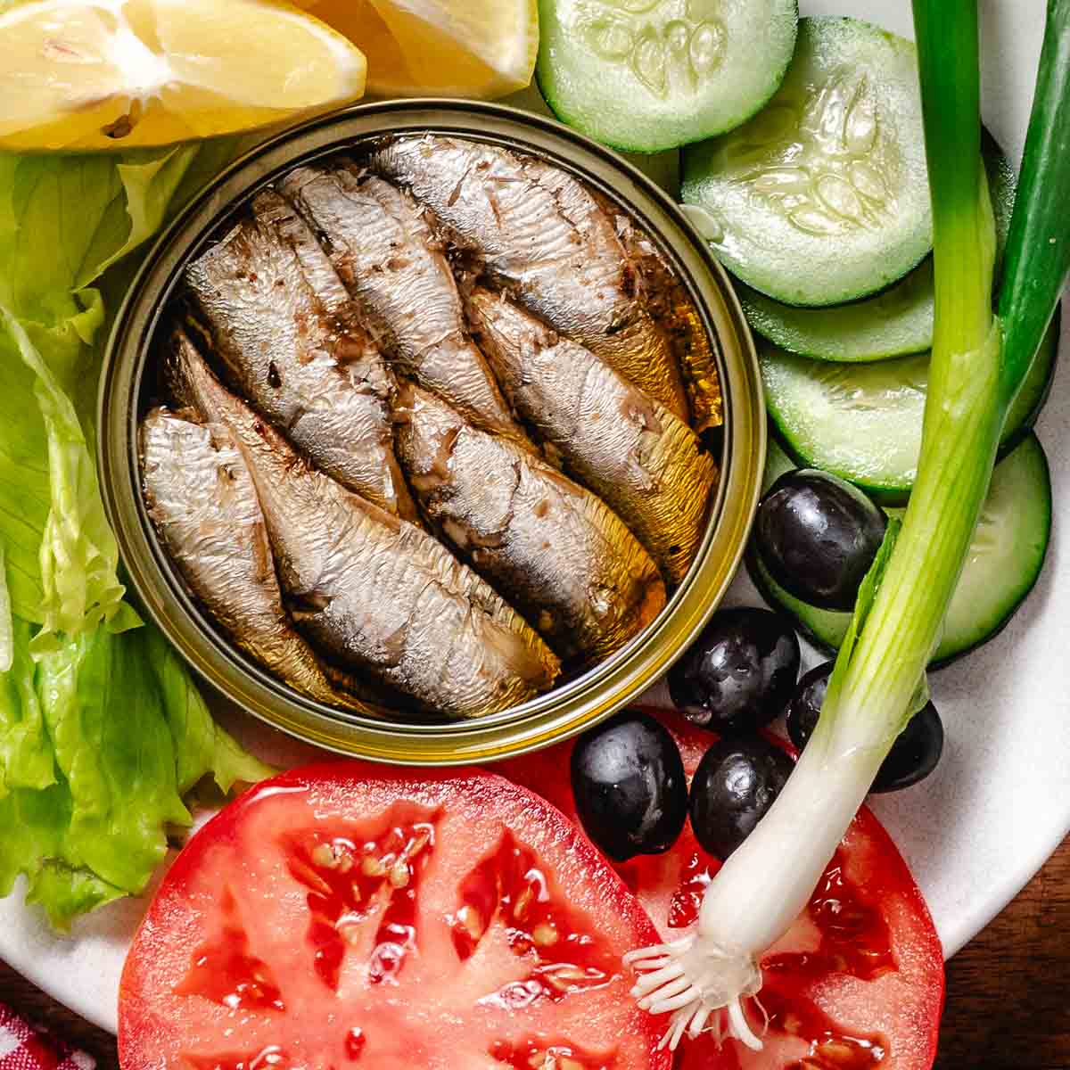 overhead view of canned fish with salad