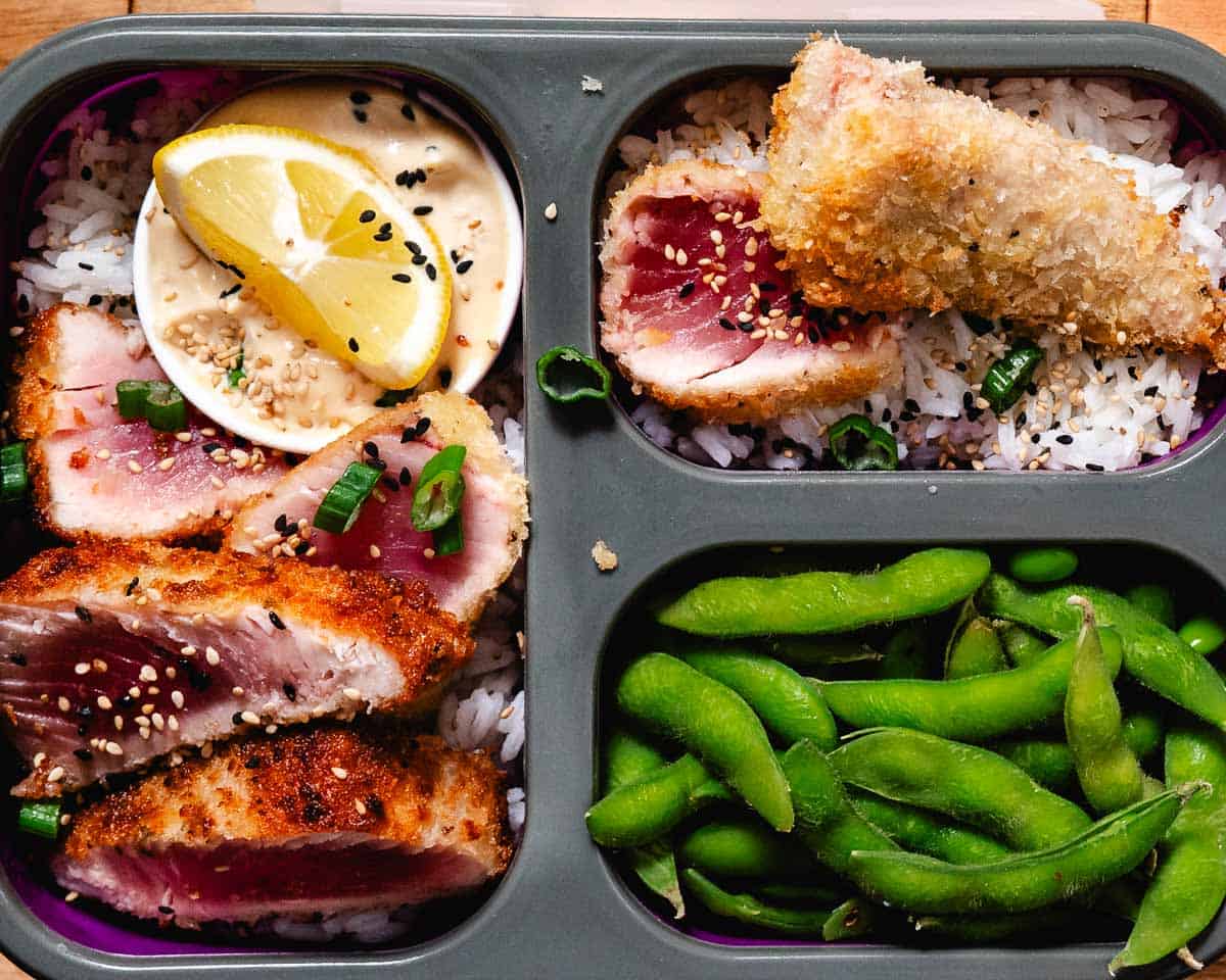 leftover fried tuna with edamame, dipping sauce and white rice.