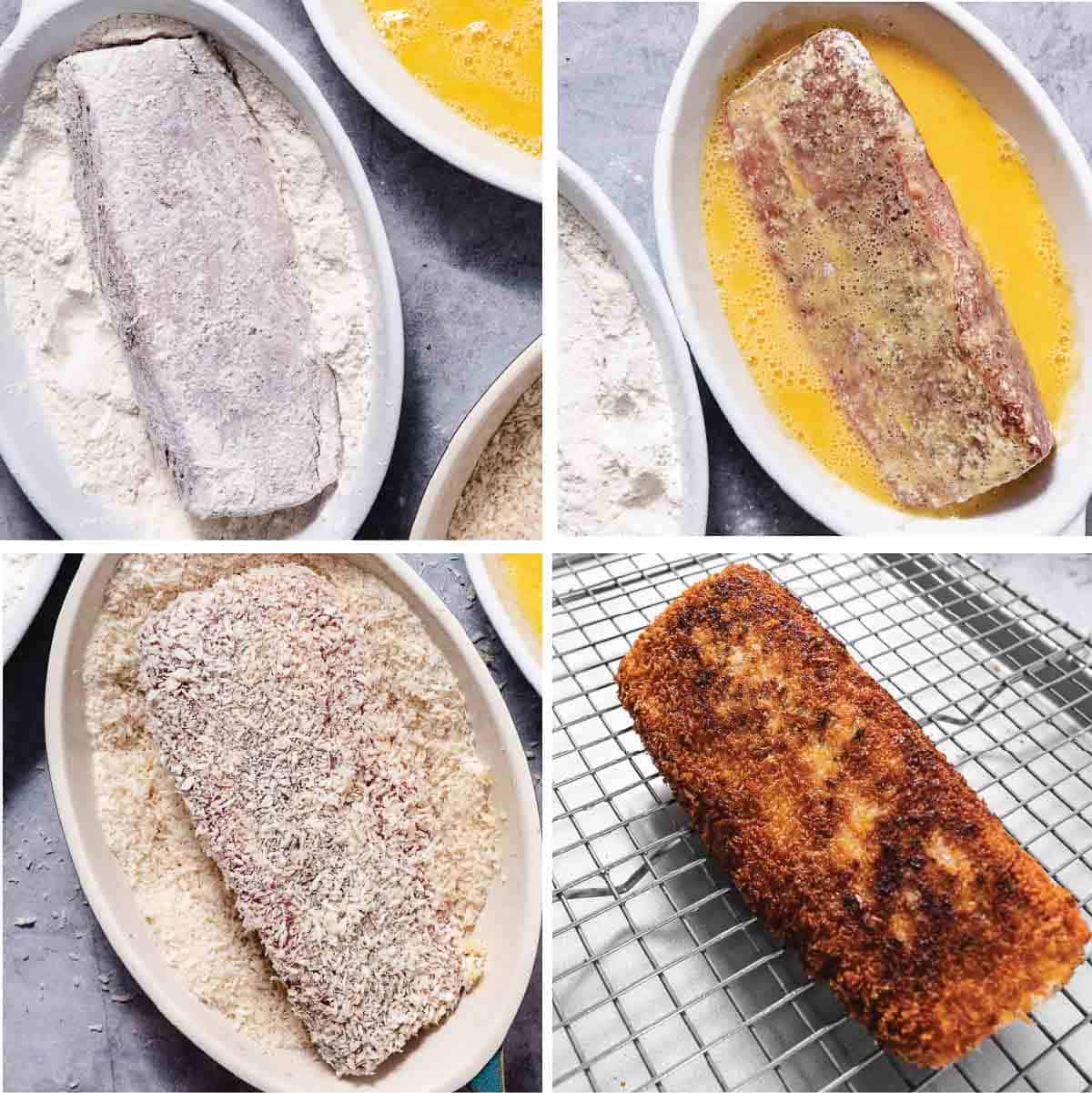 Step-by-step process of breading tuna loin in flour, egg, and panko before pan frying until golden brown.