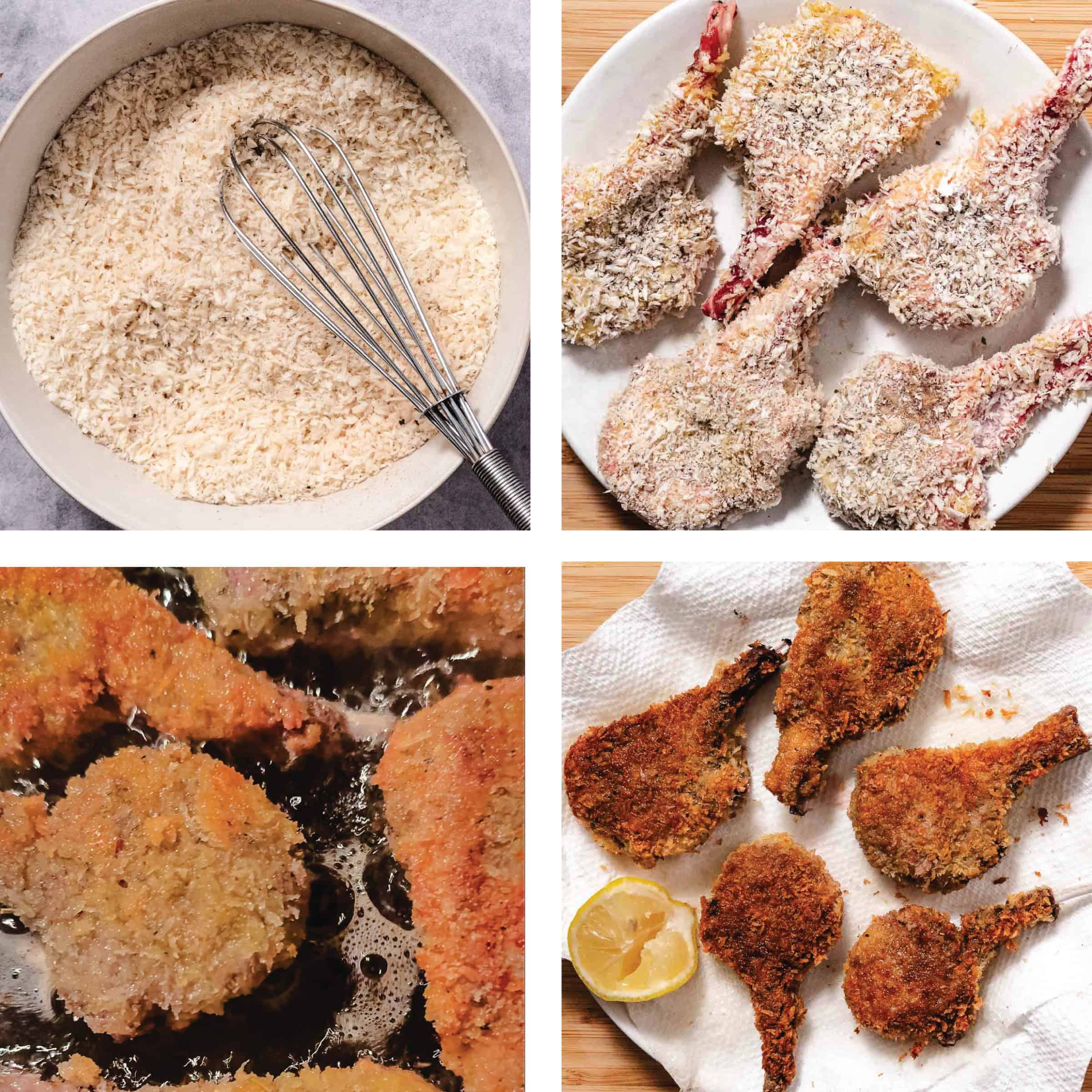 Step-by-step collage showing panko breadcrumbs, breaded lamb chops, frying lamb chops in oil, and finished crispy lamb chops