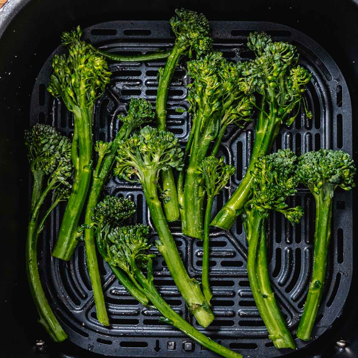 seasoned broccoli spears in air fryer basket before cooking