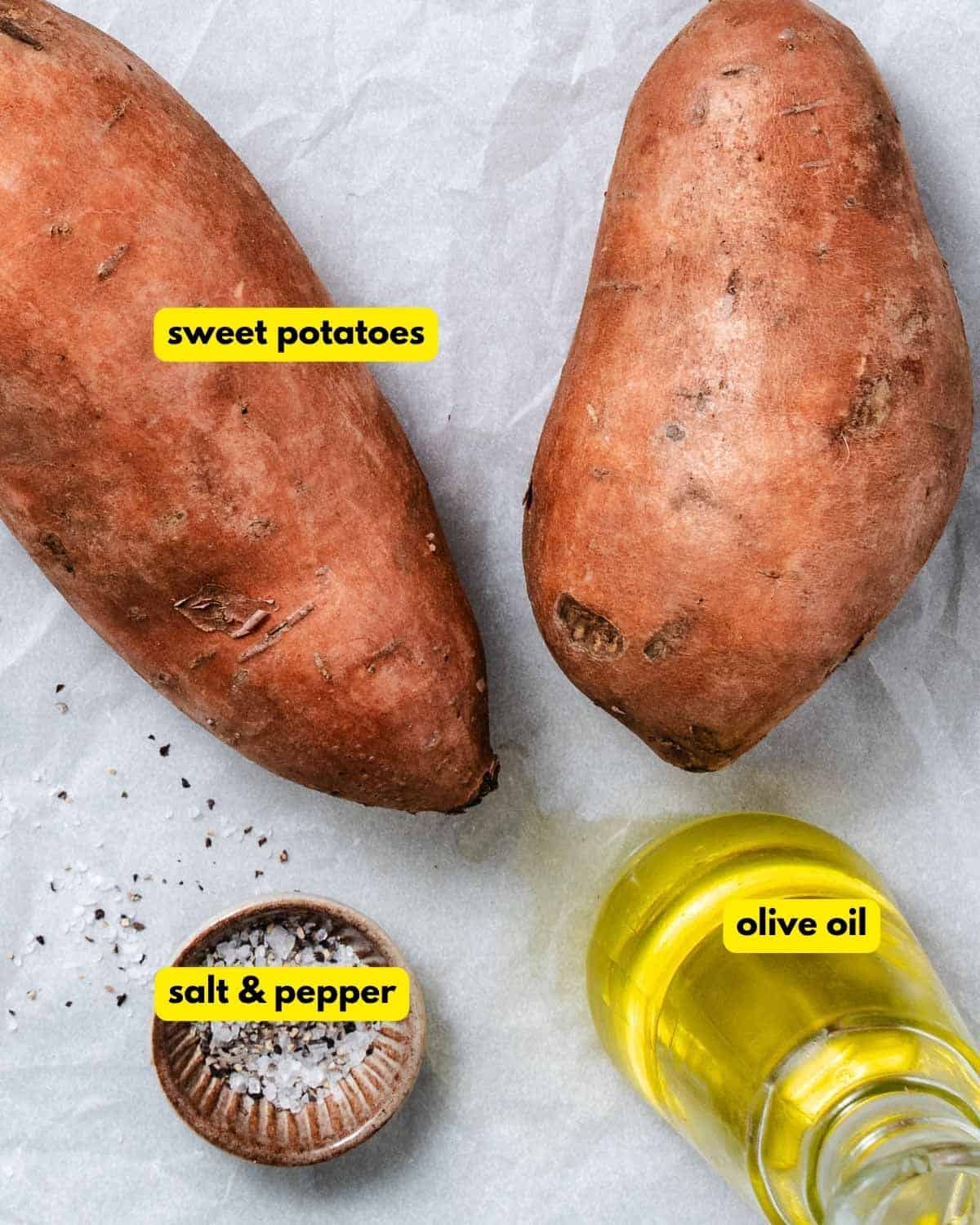 Sweet potatoes, olive oil, salt, and black pepper for air fryer sweet potatoes.