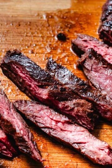 Sliced medium-rare steak on a cutting board showing juicy, high-protein beef for meal prep and easy dinners