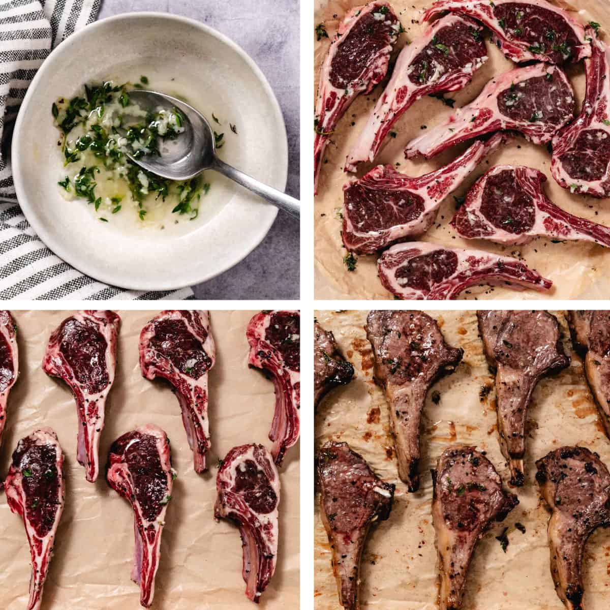 Step-by-step collage showing garlic herb marinade in a bowl, raw lamb chops on parchment, seasoned lamb chops arranged on a pan, and baked lamb chops after cooking.
