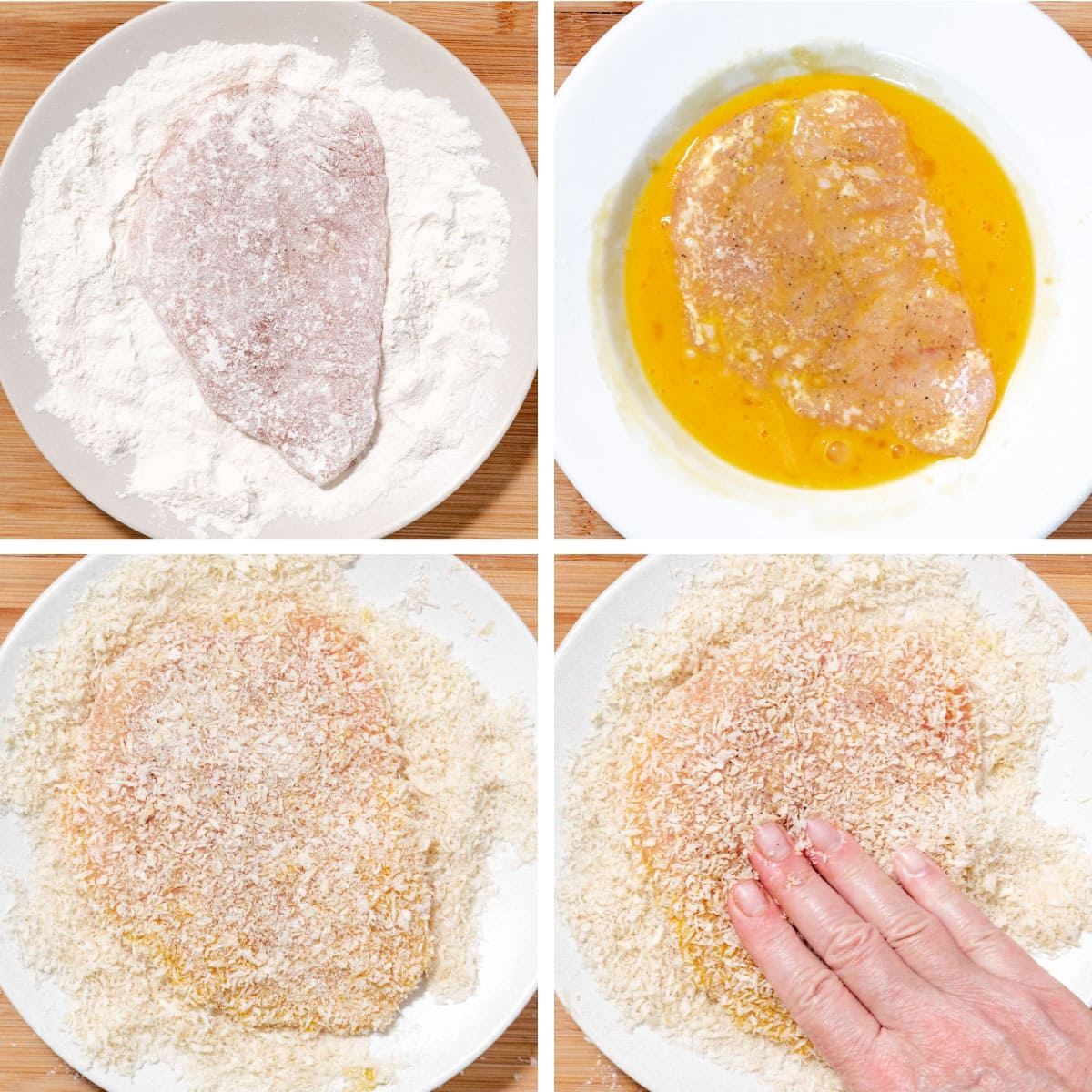 A four-panel step-by-step collage showing how to bread chicken cutlets: dredging in flour, dipping in egg wash, coating in Panko, and firmly pressing the breadcrumbs for a crispy Chicken Milanese crust.