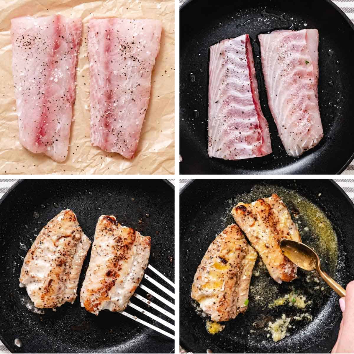 Step-by-step pan seared tilefish: raw tilefish fillets seasoned with salt and pepper, cooking in a skillet, turning golden brown, and finished with butter and garlic.