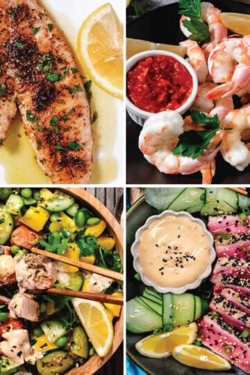 Easy fish recipes collage with fried fish fillets, sesame seared tuna, shrimp cocktail, and pan seared fish served with vegetables and rice.