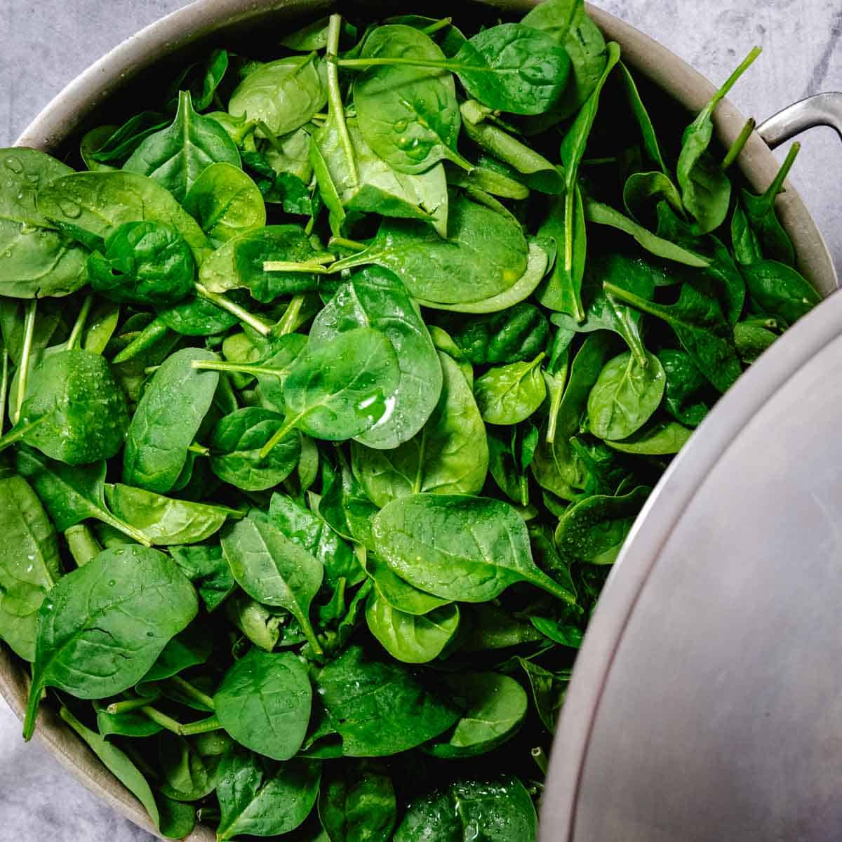 steaming spinach in a saute pan