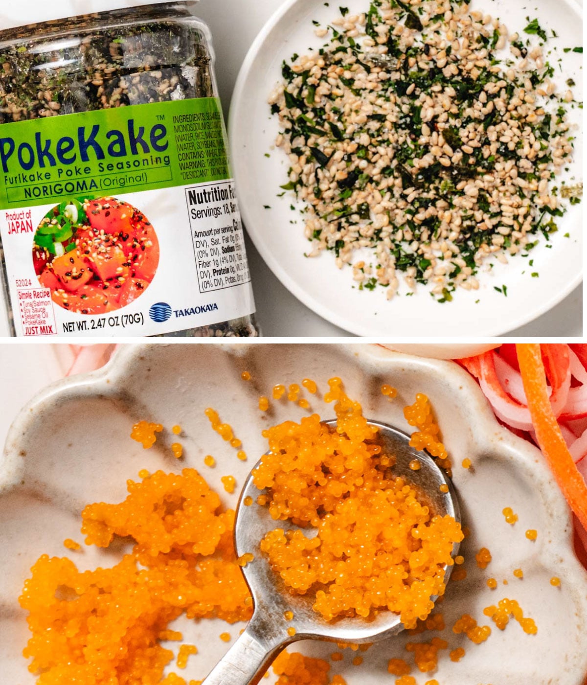 Furikake seasoning with sesame seeds and seaweed in a bowl, and masago fish roe in a spoon, used as toppings for kani salad