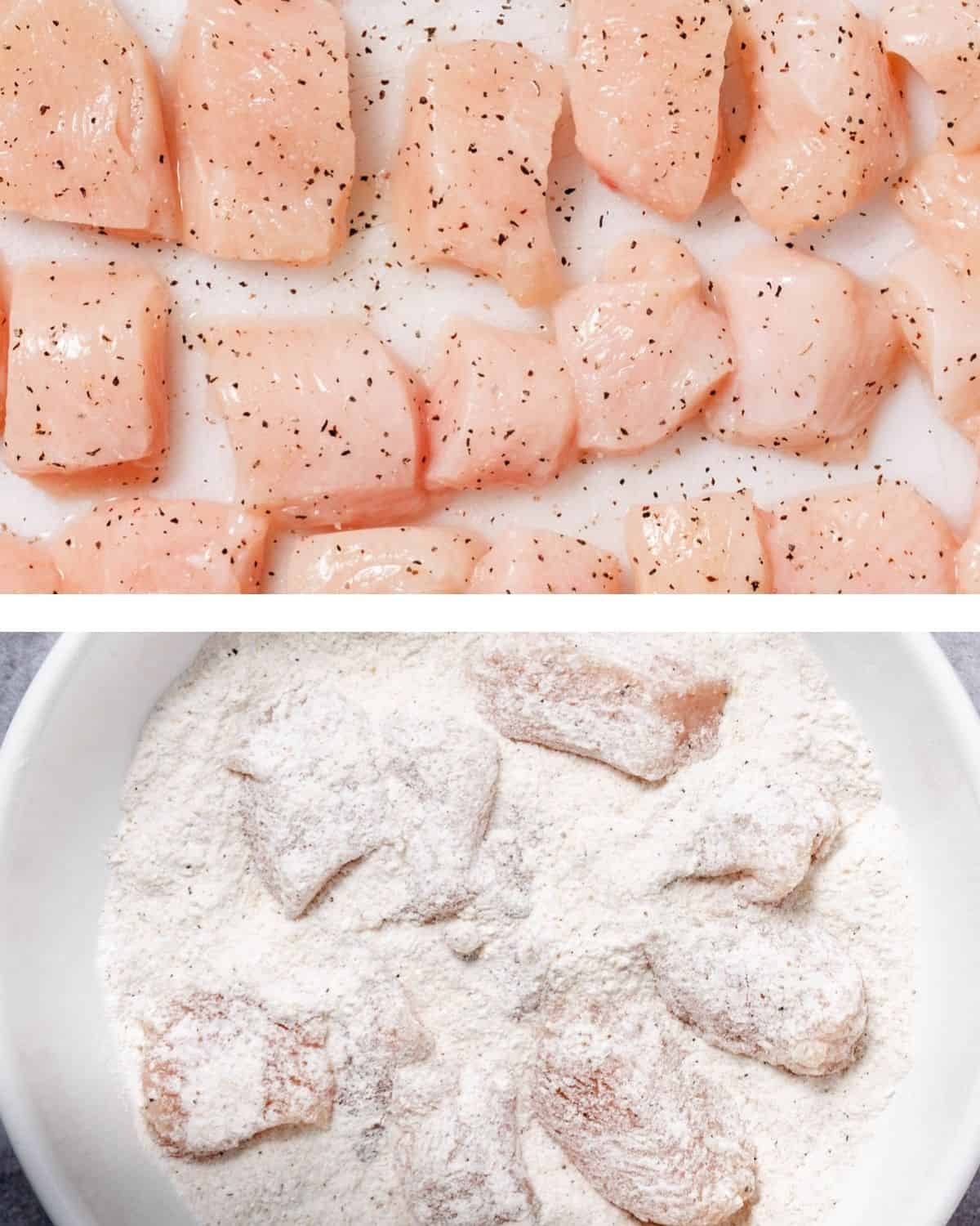 raw chicken pieces seasoned with salt and pepper, chicken pieces coated in seasoned flour in white bowl