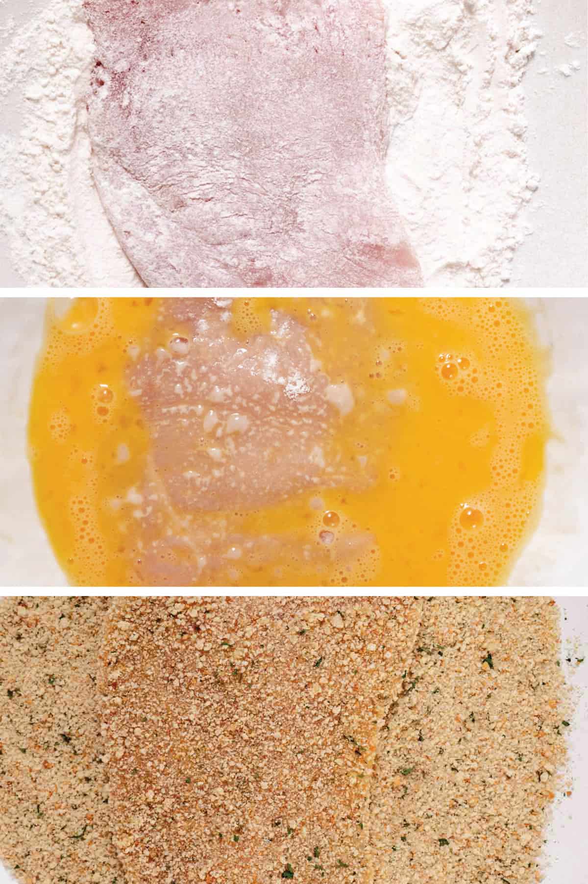 breaded chicken cutlets dredged in flour, egg wash and seasoned breadcrumbs