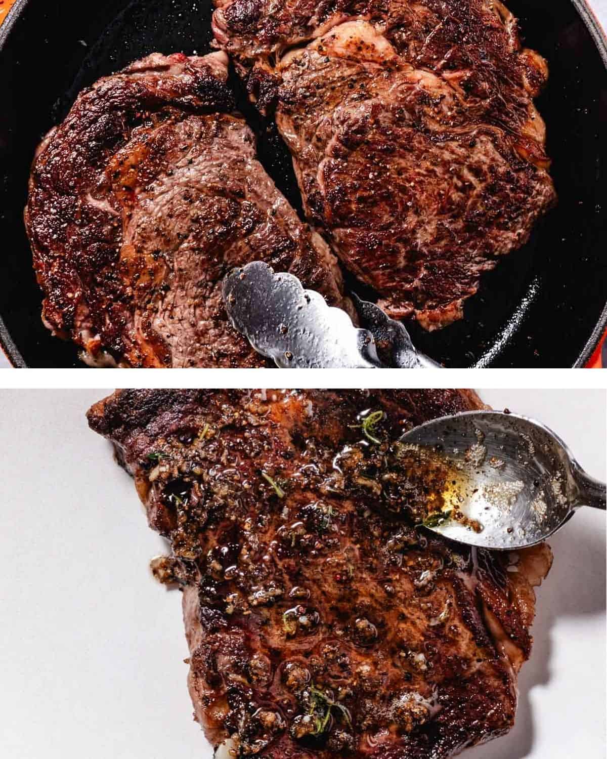 Pan seared ribeye steak for two in a cast iron skillet, finished with garlic butter