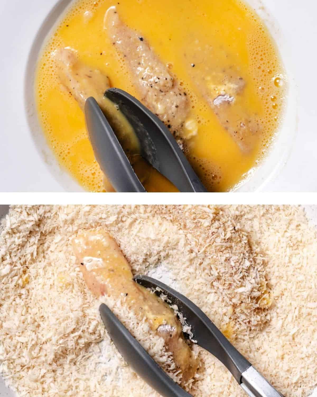 Chicken strips seasoned, dredged in flour, dipped in egg, and coated in panko breadcrumbs before frying