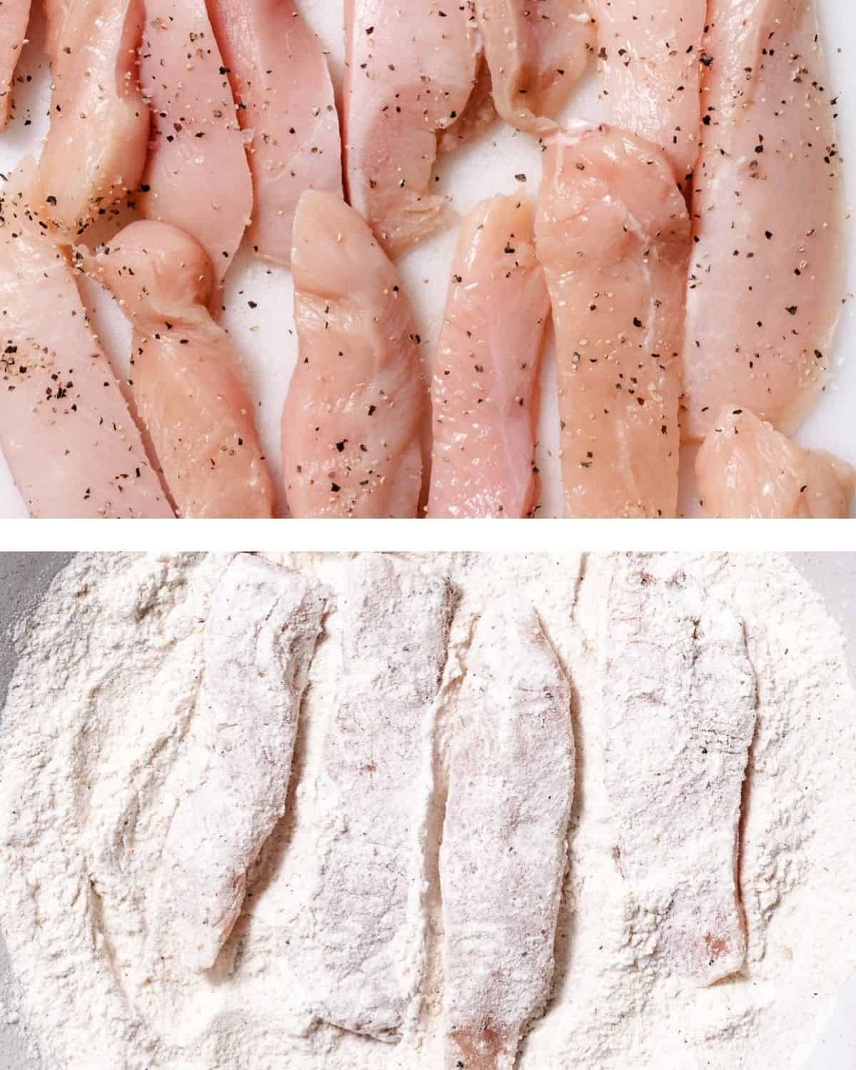 Chicken strips seasoned with salt and pepper, then dredged in flour before breading