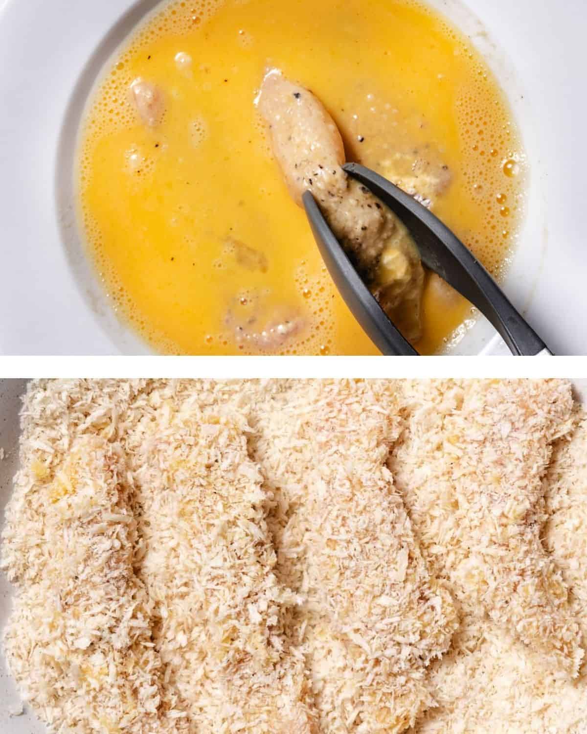 Panko chicken strips being dipped in egg, coated in breadcrumbs, then fried until golden and set on a wire rack