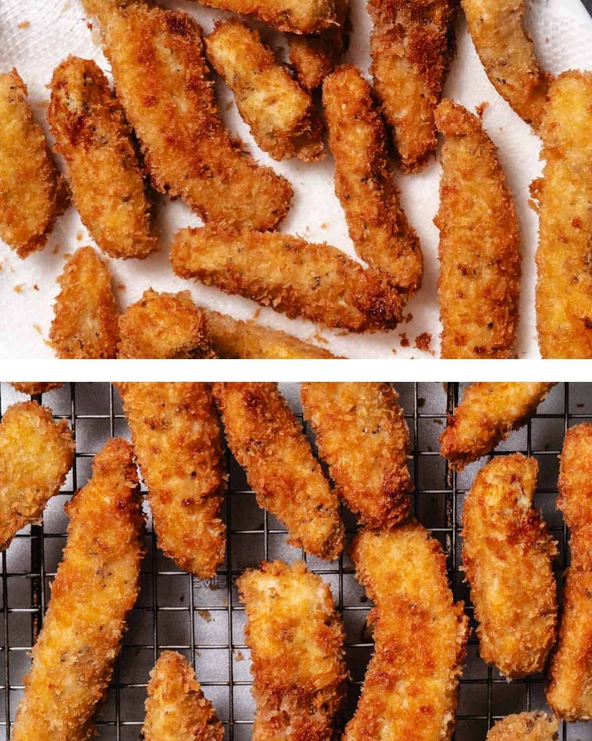 Breaded chicken strips fried until golden with panko coating on rack