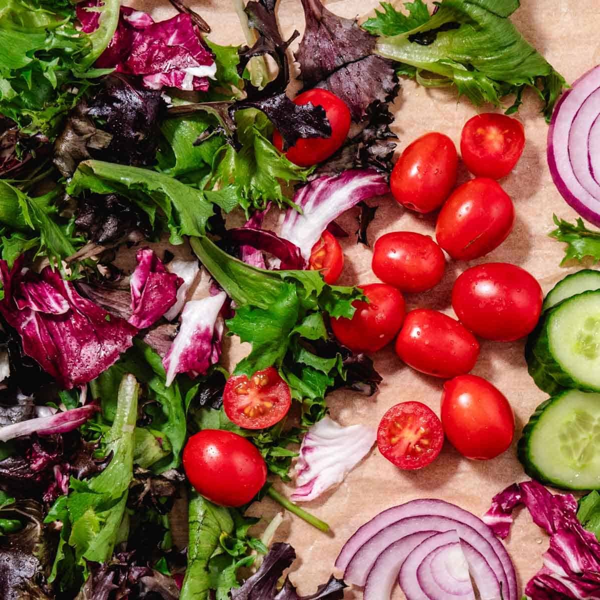 garden salad ingredients with mixed greens cherry tomatoes cucumber and red onion on a plate