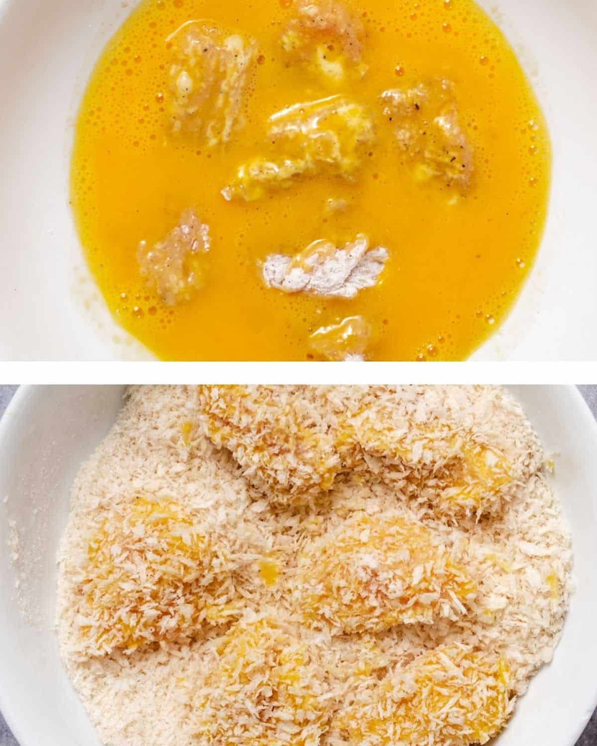 floured chicken pieces dipped in beaten eggs for breading, chicken pieces coated in panko breadcrumbs ready for frying