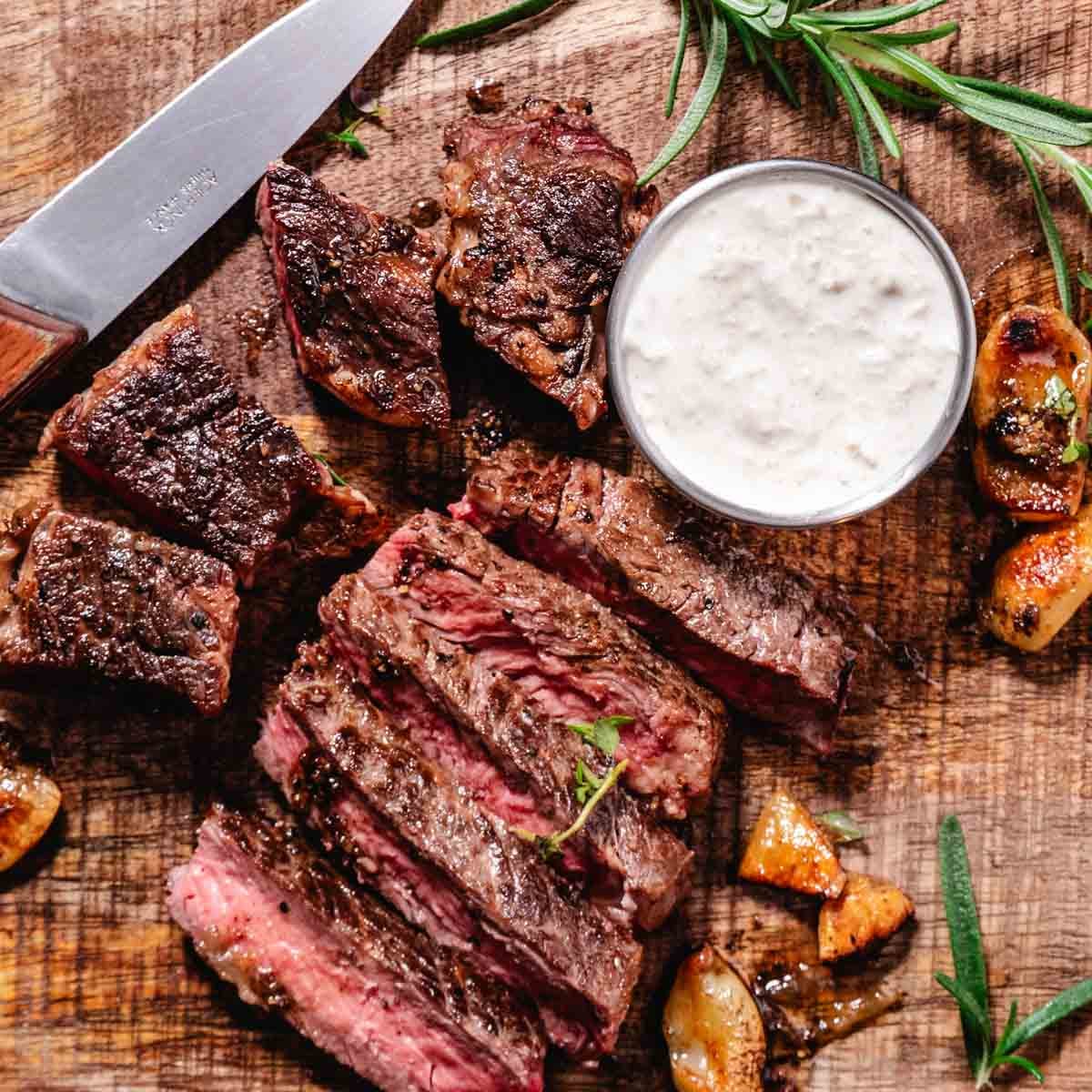 pan fried rib steak with horseradish sauce
