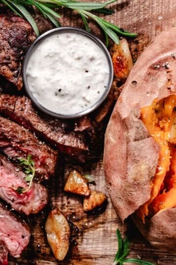 pan seared rib eye and sweet potato with horseradish sauce