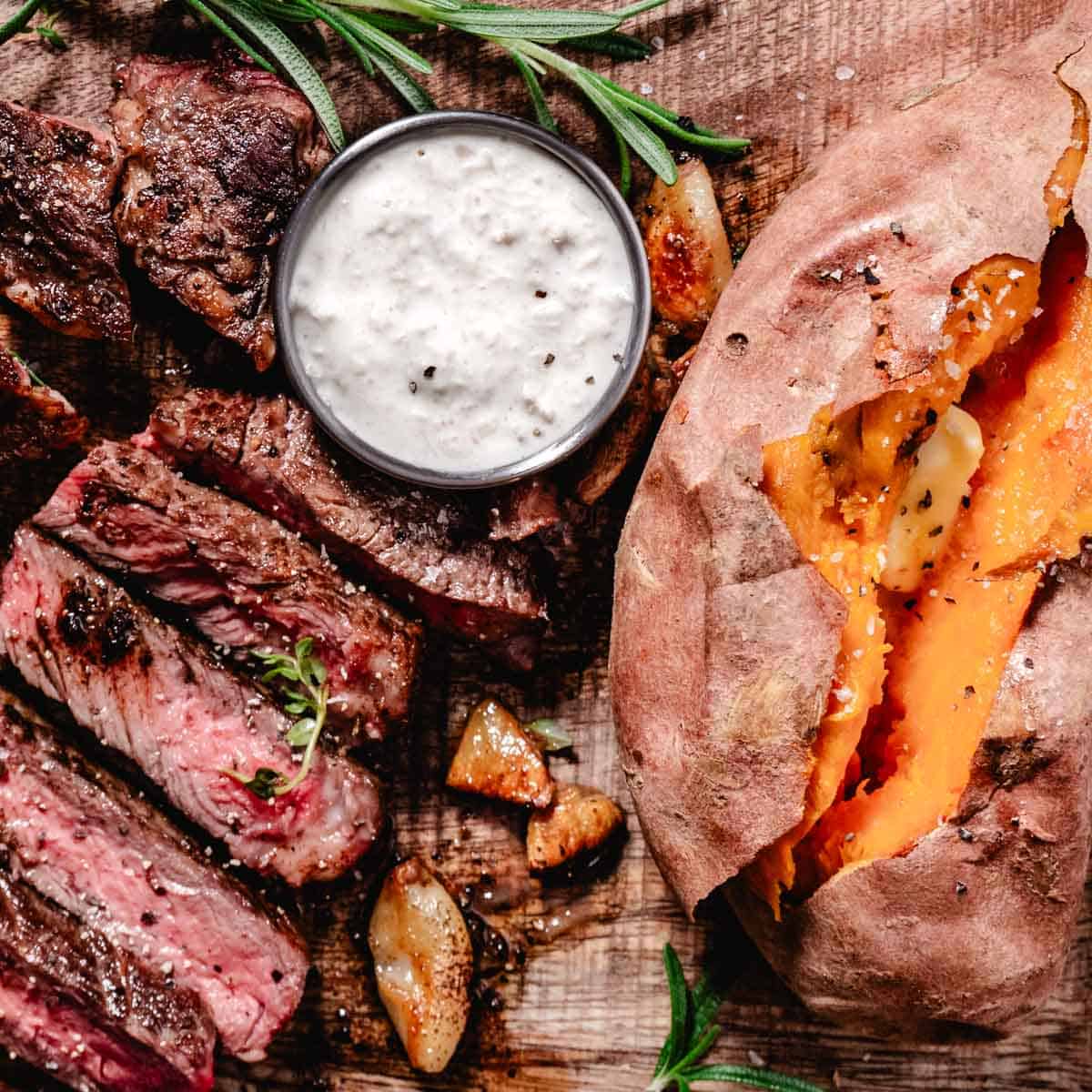 pan seared rib eye and sweet potato with horseradish sauce